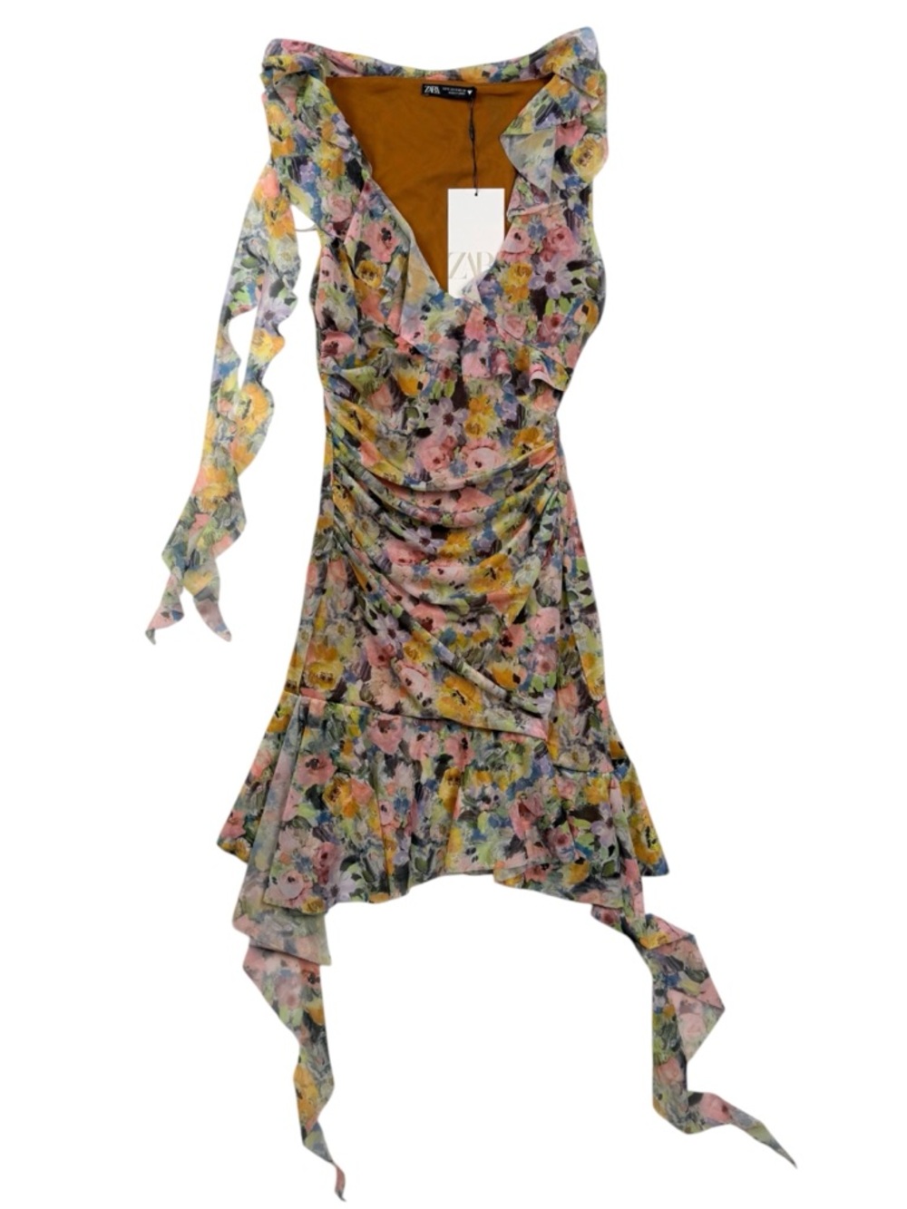 ZARA Floral Ruched Mini Dress NWT Ruffle Strap Tie Romantic Sheer Overlay Small - Picture 2 of 6